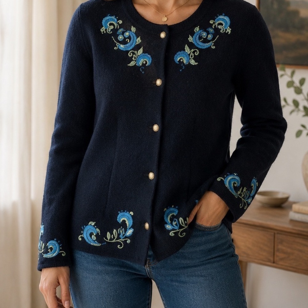 Appleseeds Black Floral Embroidered‎ Wool Cardigan Sweater Size M